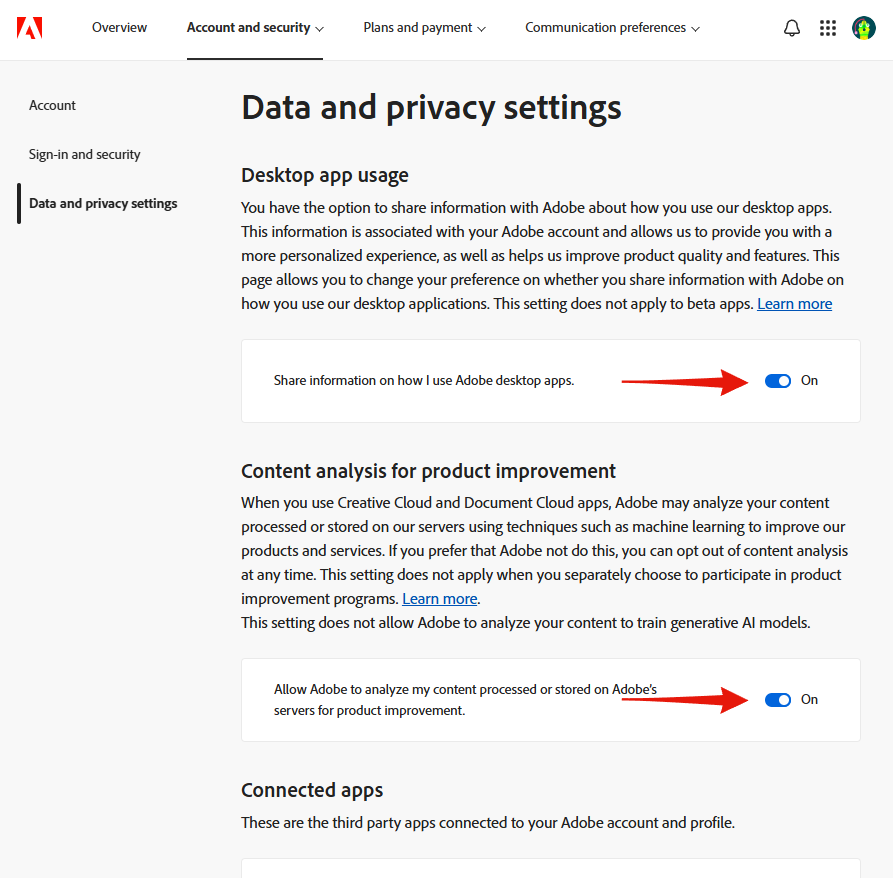 Step 2: both toggles on the Data and privacy settings page, each switched on by default