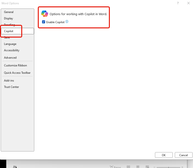 Step 2: the Copilot tab in Word Options, with the Enable Copilot box ticked