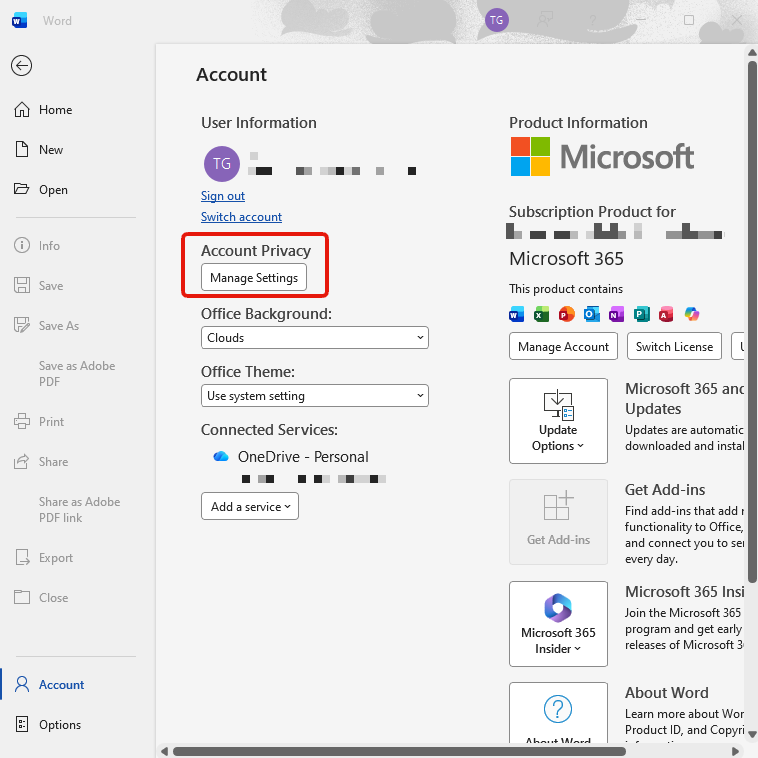 Step 2: the Account page, with Manage Settings under the Account Privacy heading