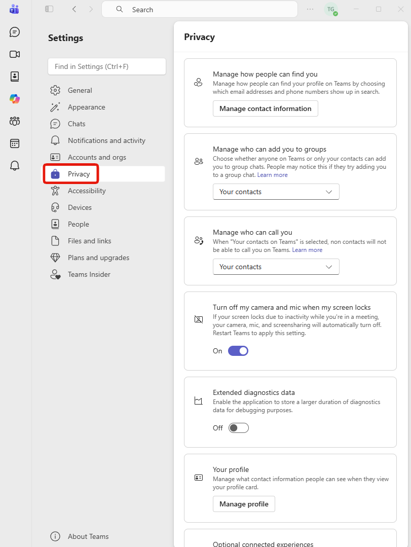 Step 3: the Teams settings window with Privacy selected