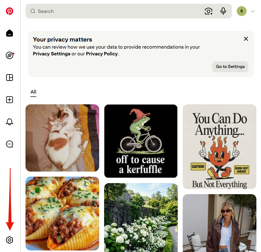 Step 1: the Pinterest home feed, with the gear icon at the bottom of the left rail