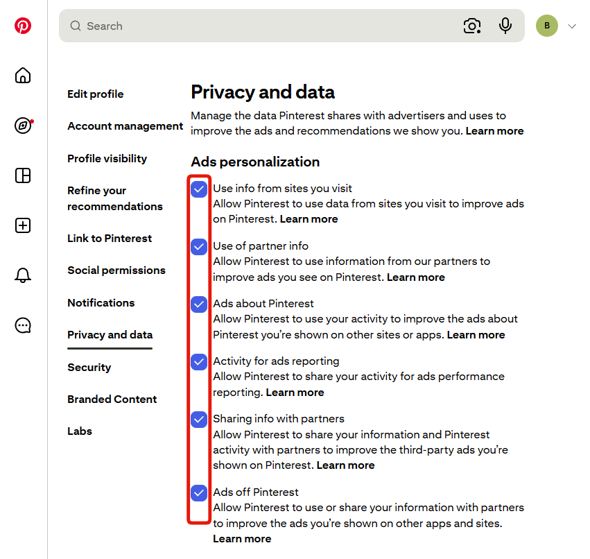 Step 3: the Privacy and data page, with all six advertising boxes ticked
