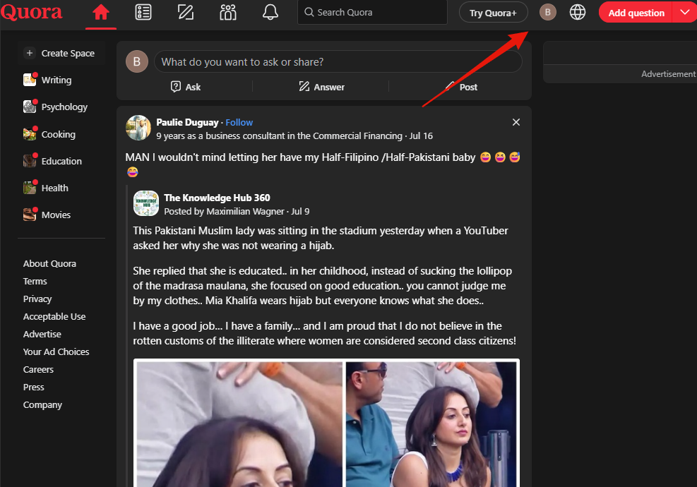 Step 1: the Quora home page, with the profile picture in the top right corner
