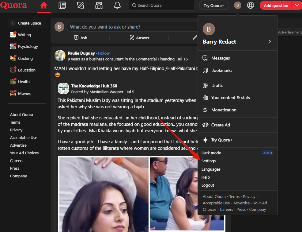 Step 2: the Quora account menu, with Settings low in the list