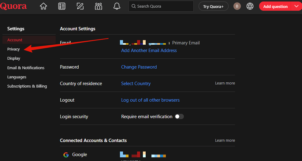 Step 3: the Account settings page, with Privacy second in the left hand list