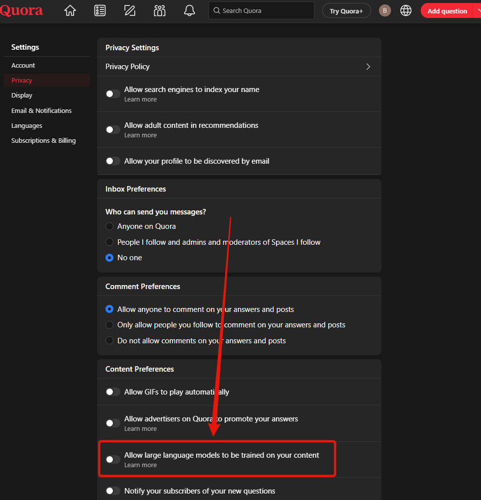 Step 4: the Content Preferences group, with the large language model training switch highlighted