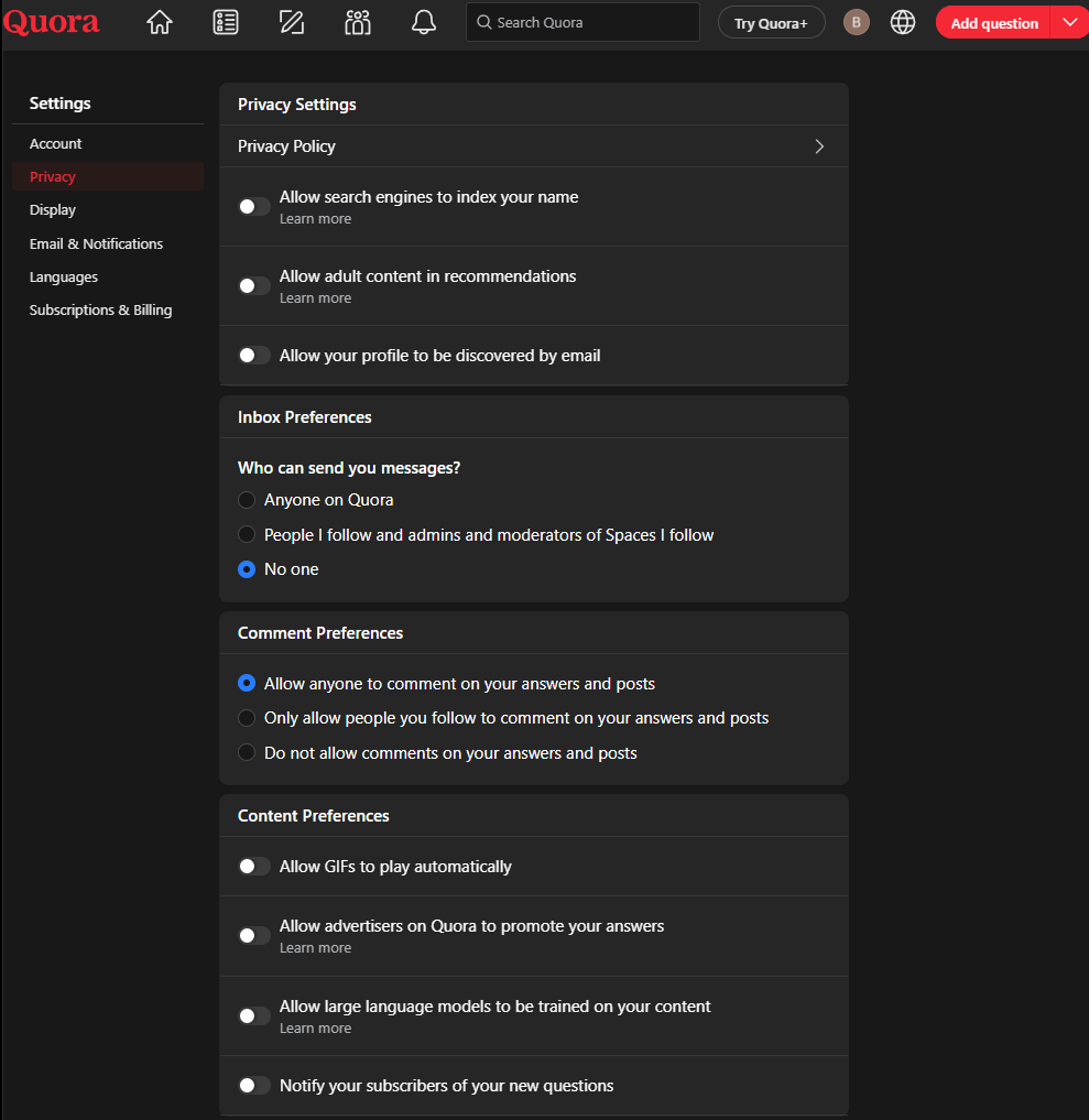 Step 4: the Quora privacy page, showing the four groups of settings