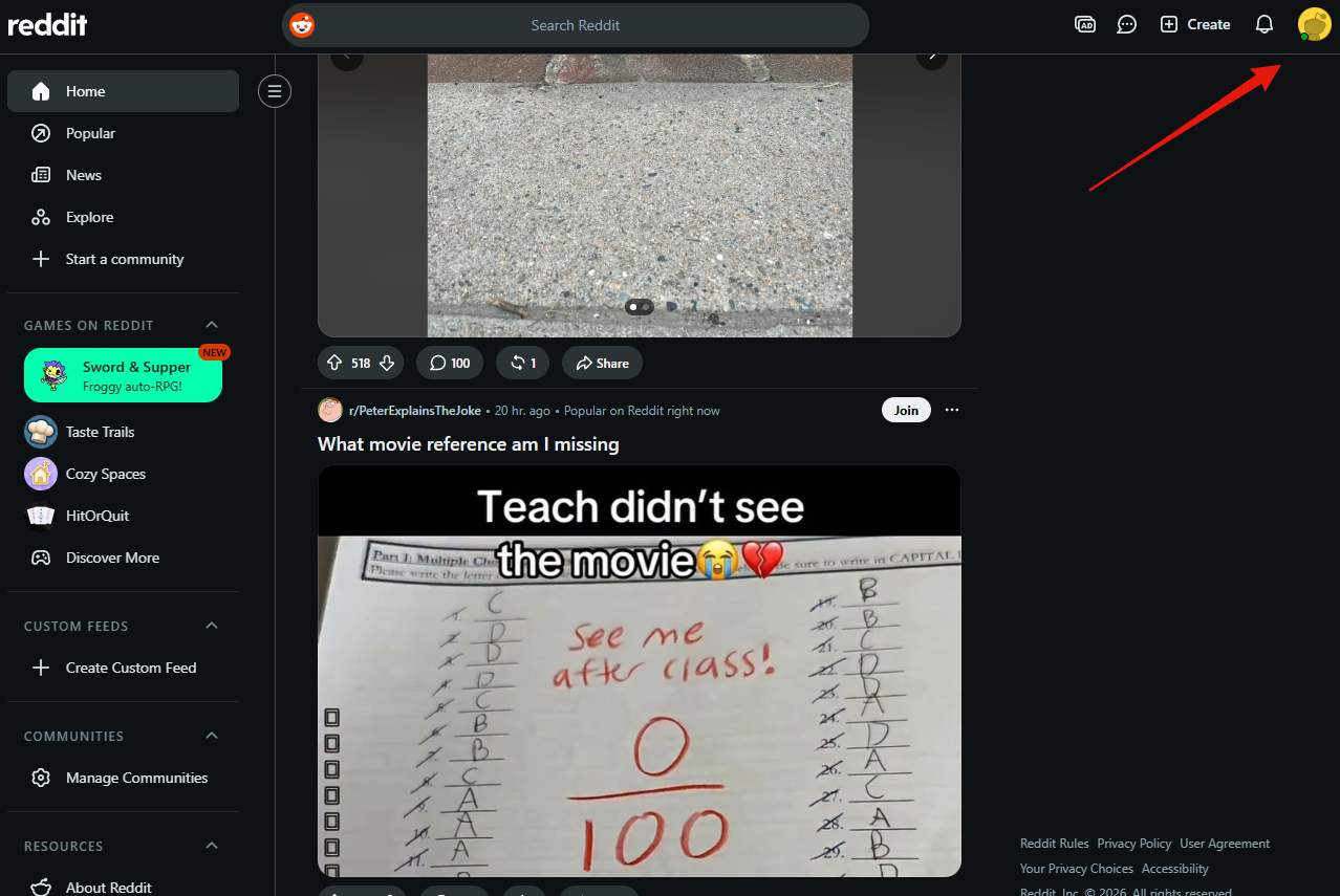 Step 1: the Reddit home page, with the avatar in the top right corner
