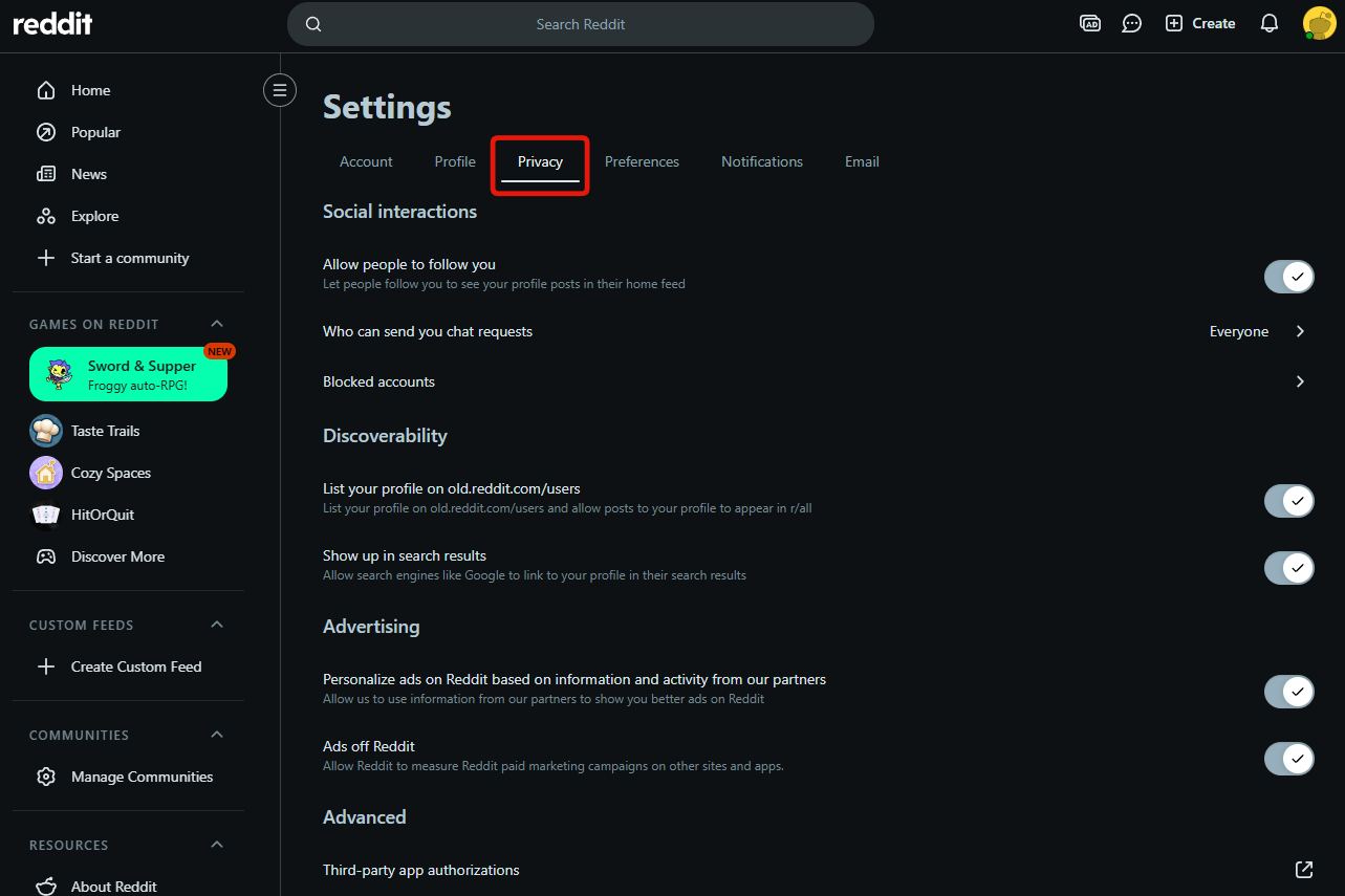 Step 3: the Settings page with the Privacy tab selected and every switch on