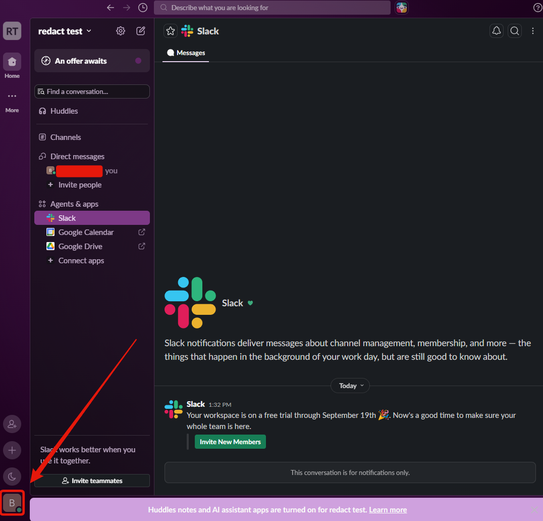 Step 1: the Slack app, with the profile picture at the foot of the left hand rail