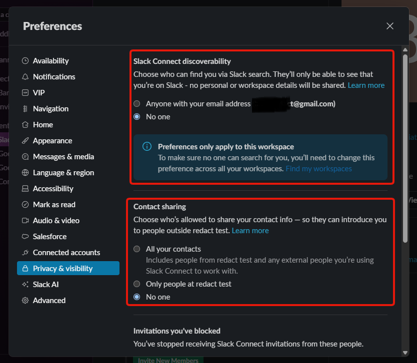 Step 2: the Privacy and visibility tab, with Slack Connect discoverability and Contact sharing