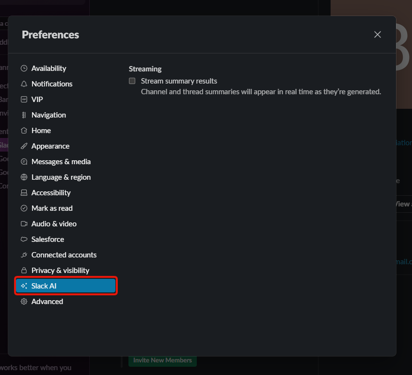 Step 3: the Slack AI tab, with the Stream summary results checkbox