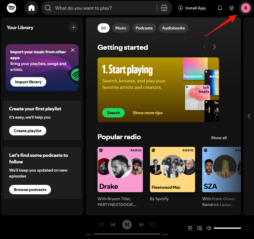 Step 1: the Spotify web player, with the profile icon at the top right