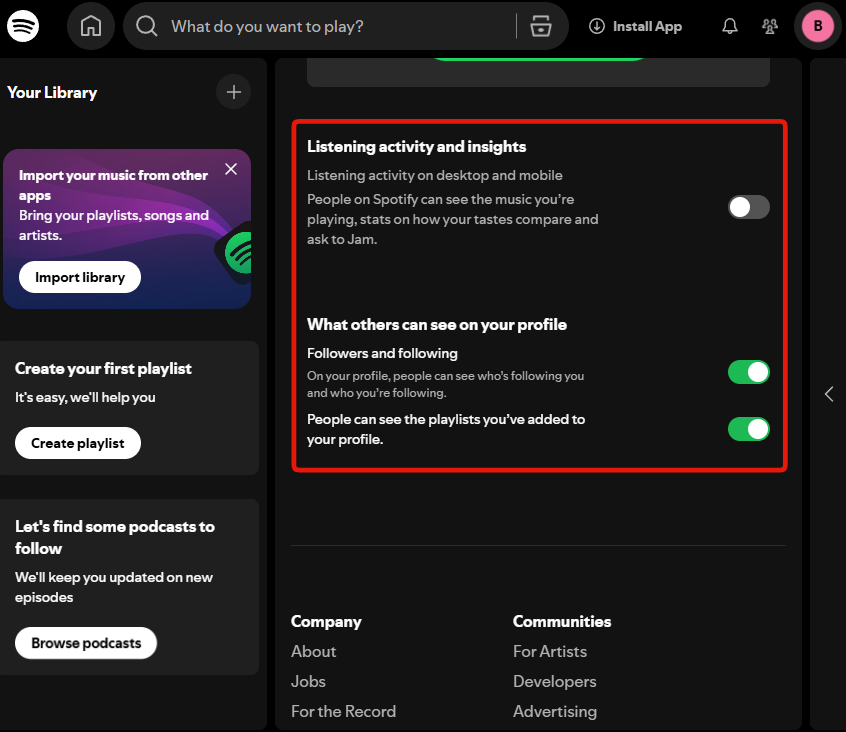 Step 3: the Listening activity and insights section, with the profile visibility toggles below it