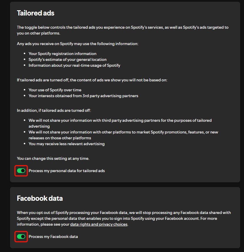 Step 4: the Spotify account privacy page, with the tailored ads and Facebook data toggles both on