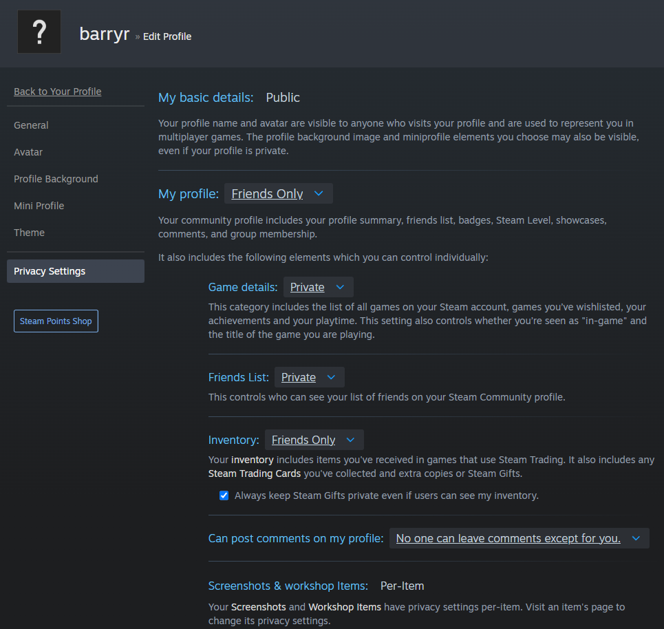 Step 1: the Privacy Settings page, with a locked down profile, game details, friends list and inventory
