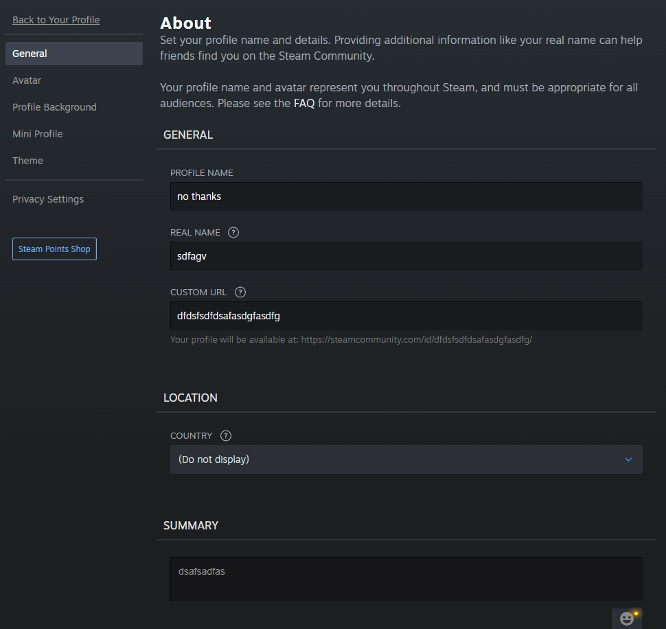 Step 2: the Edit Profile page, with the profile name, real name, custom URL and country fields