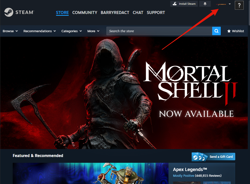 Step 3: the Steam store front page, with the account name in the top right corner