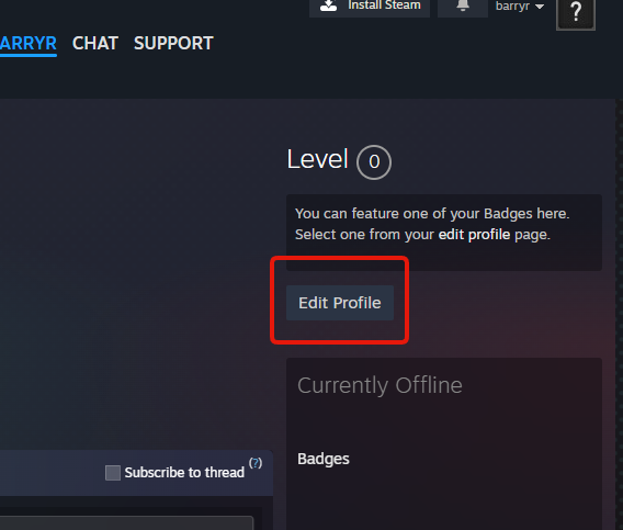 Step 5: a Steam profile page, with the Edit Profile button below the level badge