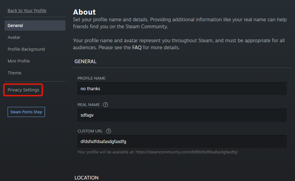 Step 6: the Edit Profile page, with Privacy Settings at the foot of the left hand list