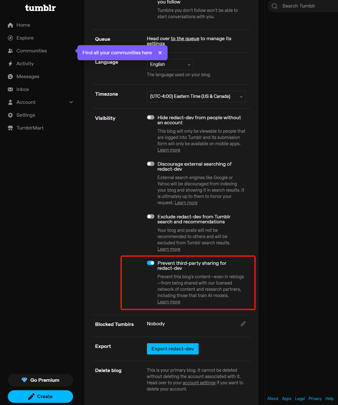 Step 2: the Prevent third-party sharing toggle on a Tumblr blog, switched on
