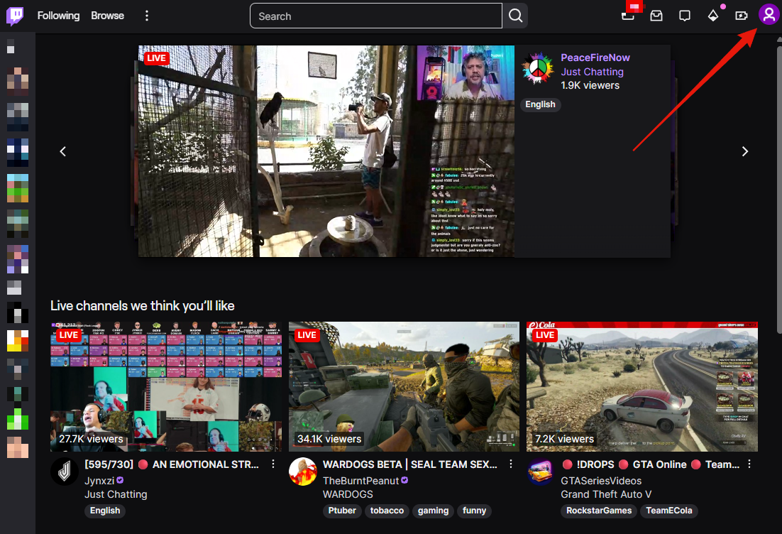 Step 1: the Twitch homepage with the profile picture in the top right corner
