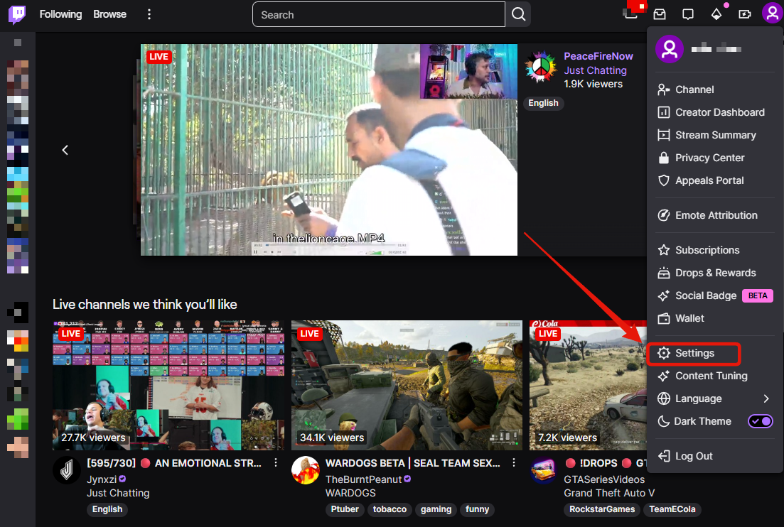 Step 2: the Twitch account menu, with Settings below Wallet