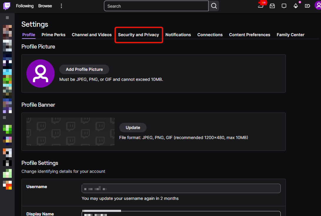 Step 3: the row of Twitch settings tabs, with Security and Privacy fourth from the left