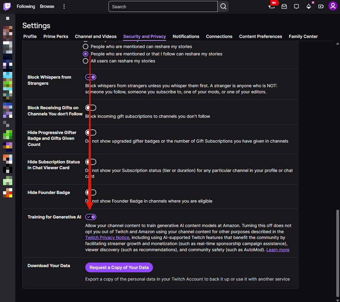 Step 4: Training for Generative AI at the foot of the Security and Privacy page, switched on