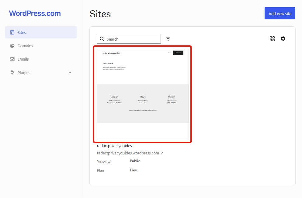 Step 1: the WordPress.com Sites page, with one site listed