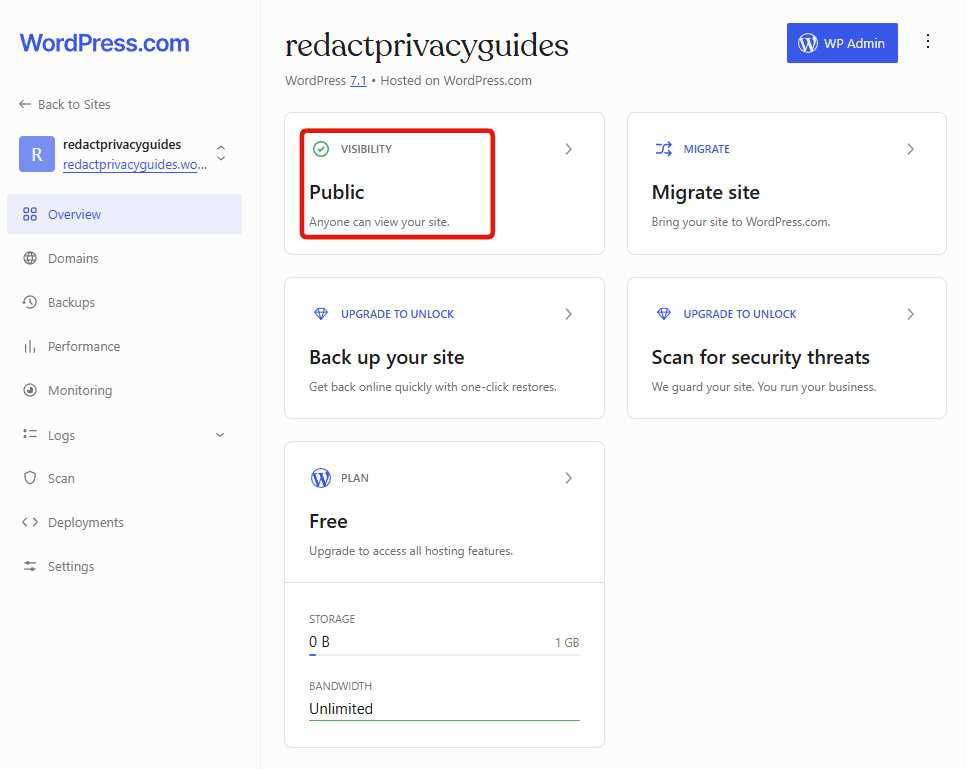 Step 2: the site overview, with the Visibility card at the top left