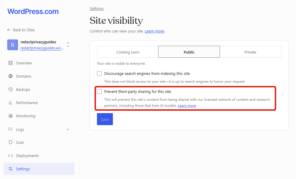 Step 3: the Site visibility page, showing both checkboxes unticked under the Public option